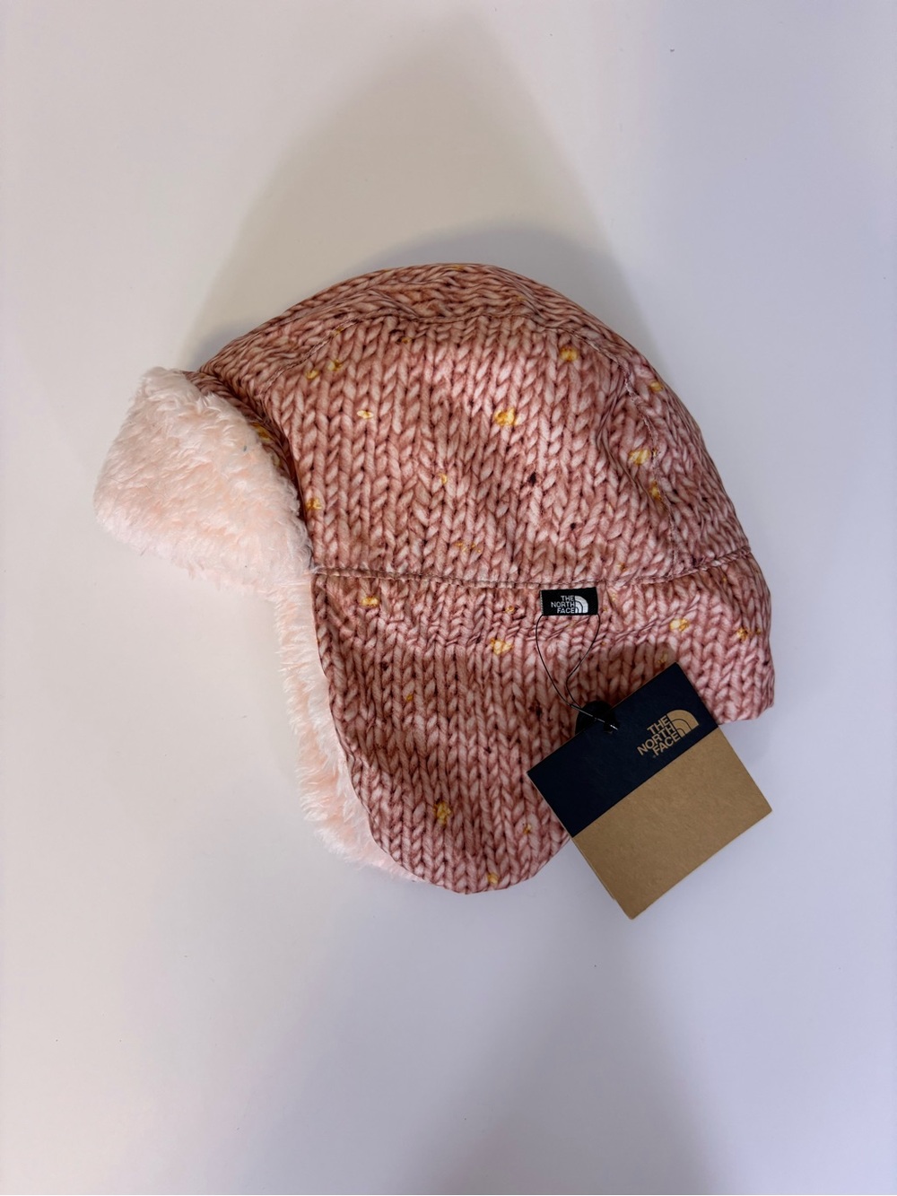 New The North Face Pink Knit Trapper Hat with Cream Faux-Fur Lining 6-24 Months